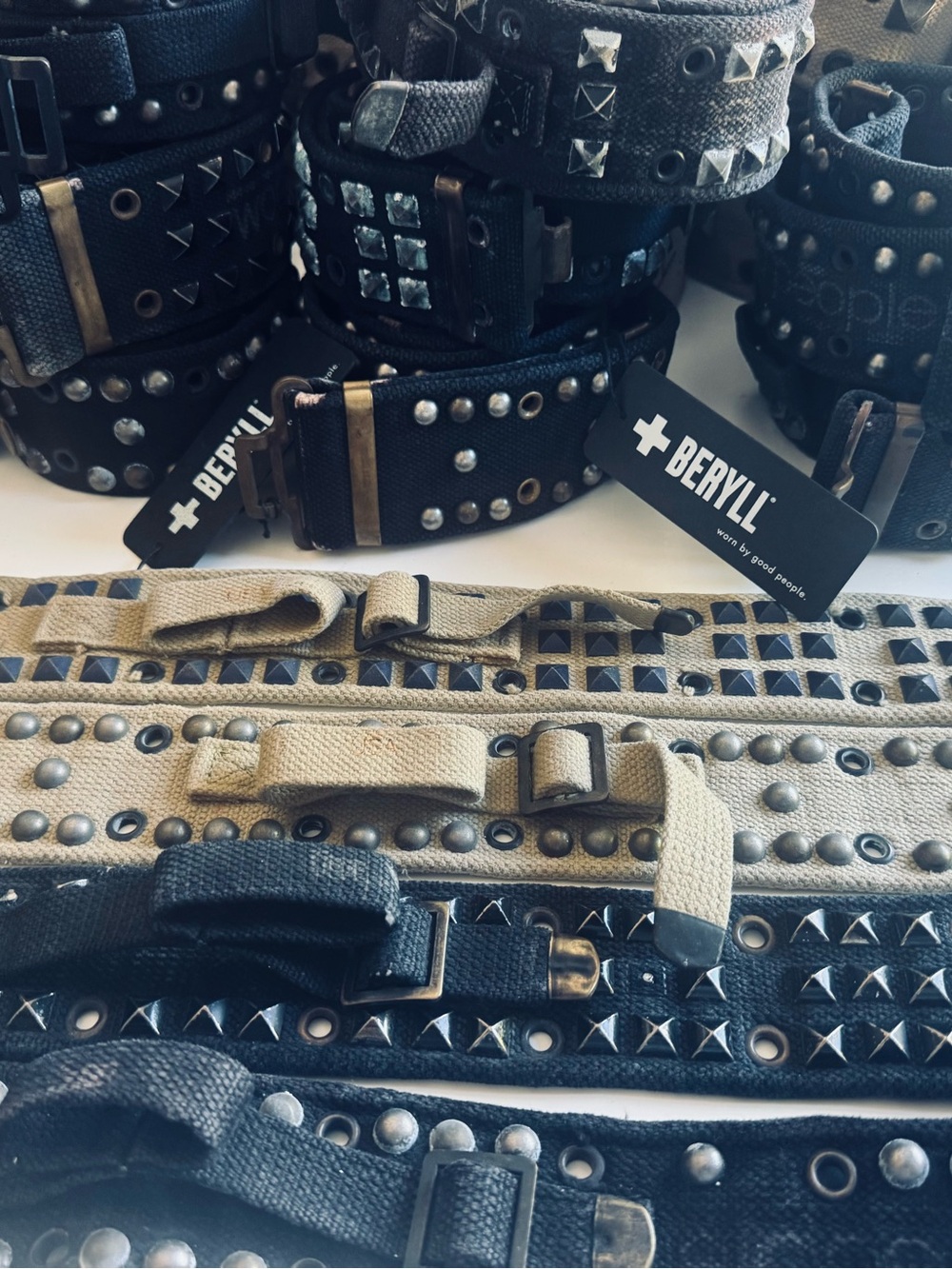 Beryll Studded Canvas Belt - Black and Beige
